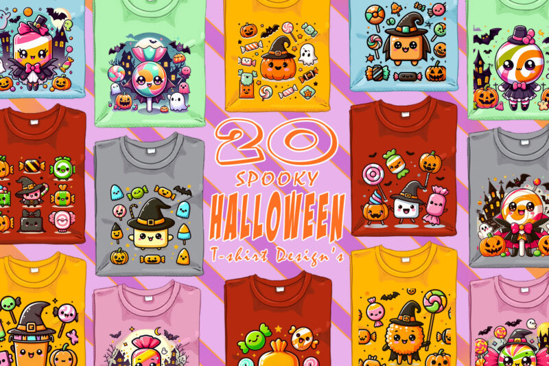 Colourful Halloween Candy Ghost t-shirt design bundle with 20 png & jpeg designs – download instantly Retro Vintage T-shirt Design
