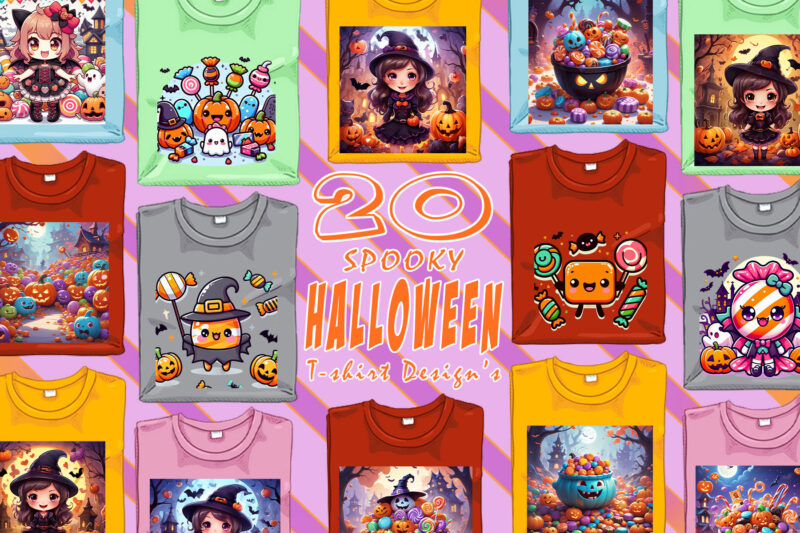 Colourful Halloween Candy Ghost t-shirt design bundle with 20 png & jpeg designs – download instantly