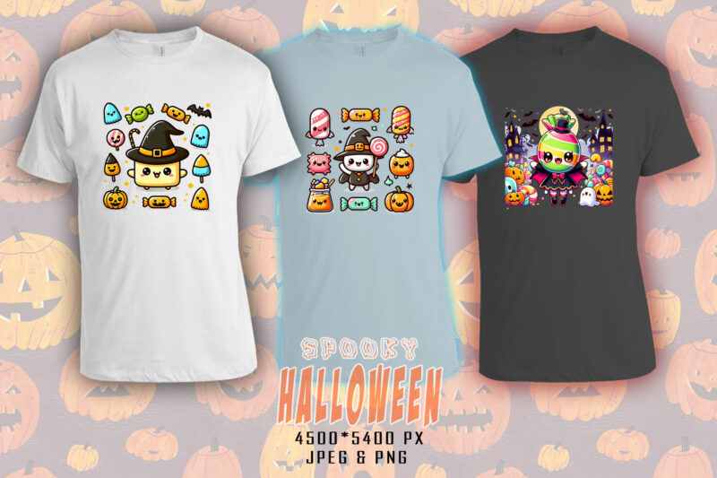 Colourful Halloween Candy Ghost t-shirt design bundle with 20 png & jpeg designs – download instantly Retro Vintage T-shirt Design