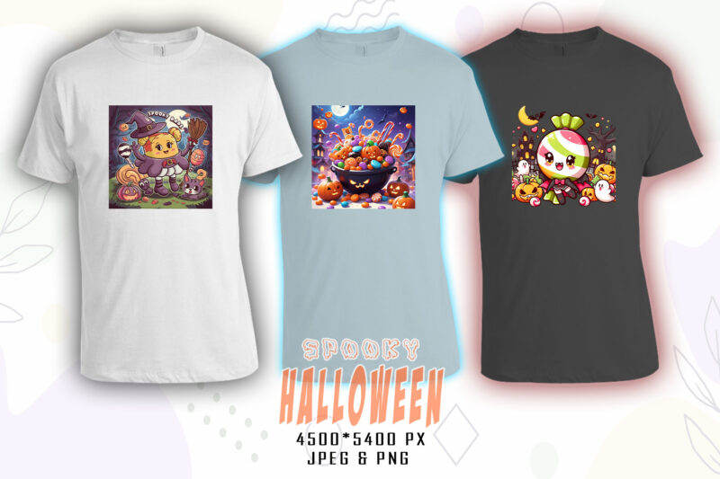 Colourful Halloween Candy Ghost t-shirt design bundle with 20 png & jpeg designs – download instantly