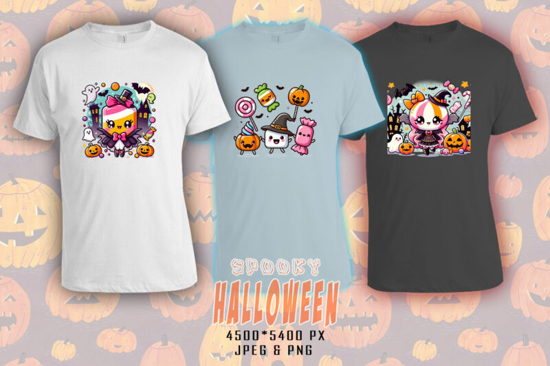 Colourful Halloween Candy Ghost t-shirt design bundle with 20 png & jpeg designs – download instantly Retro Vintage T-shirt Design