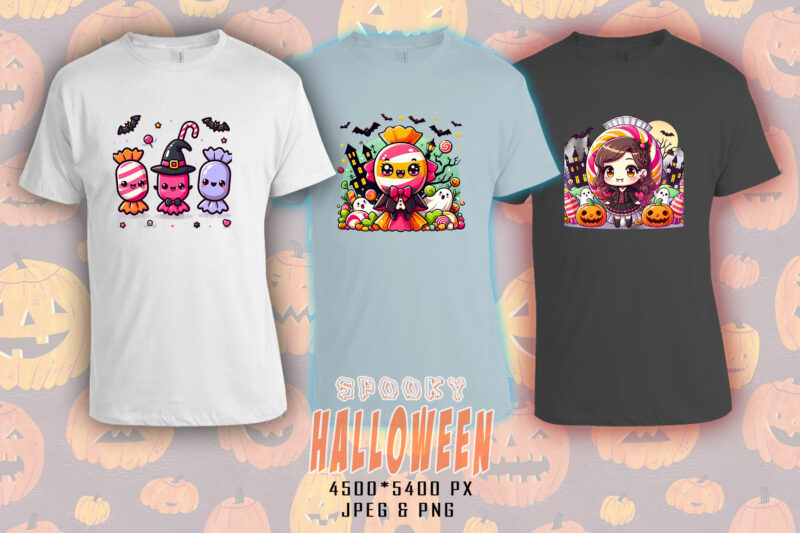 Colourful Halloween Candy Ghost t-shirt design bundle with 20 png & jpeg designs – download instantly Retro Vintage T-shirt Design