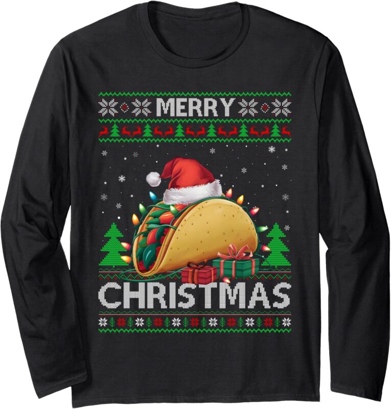 Ugly Xmas Sweater Style Lights Santa Taco Christmas Long Sleeve T-Shirt