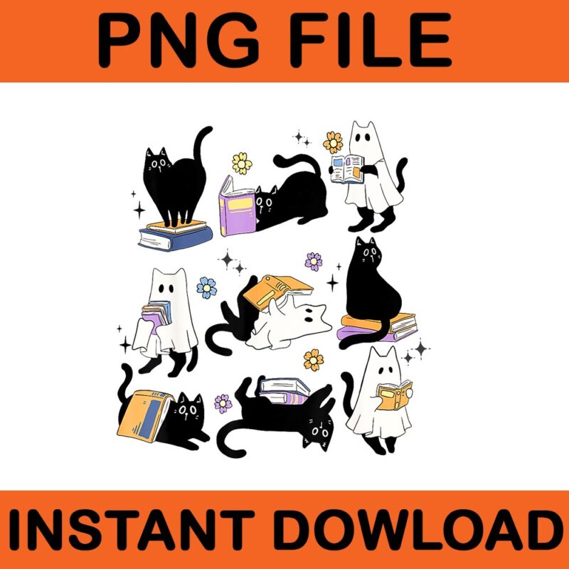 Ghost Black Cat Reading Books Spooky Halloween PNG