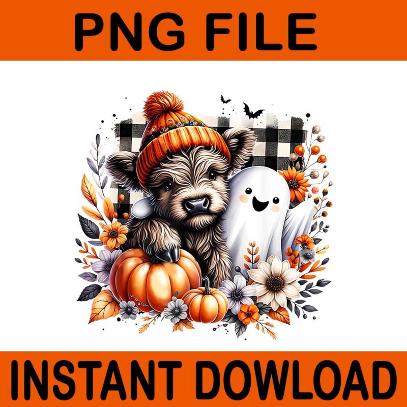 Cute Fall Highland Cow Ghost Spooky Season Autumn PNG