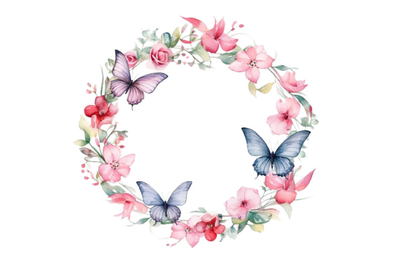 Watercolor Spring Rose Floral Circle Border with Butterfly
