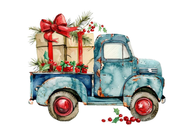 Watercolor Truck with Gift Box
