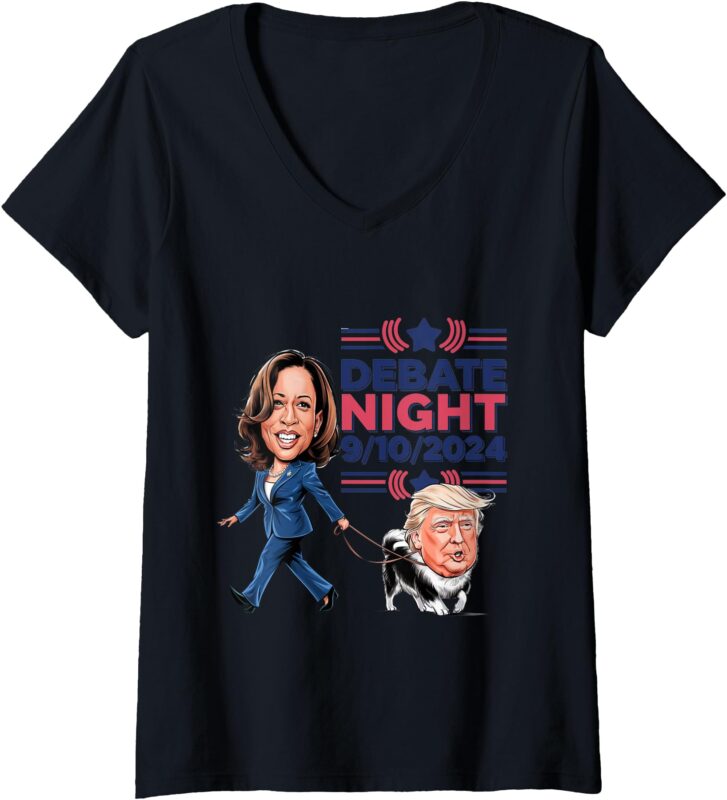 Womens Debate Night Showdown_ Funny Kamala Dog Walks Trump V-Neck T-Shirt