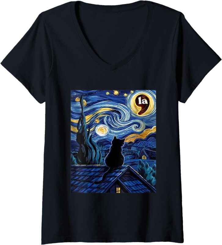 Womens Halloween Starry Night Black Cat Comma La Kamala Harris V-Neck T-Shirt
