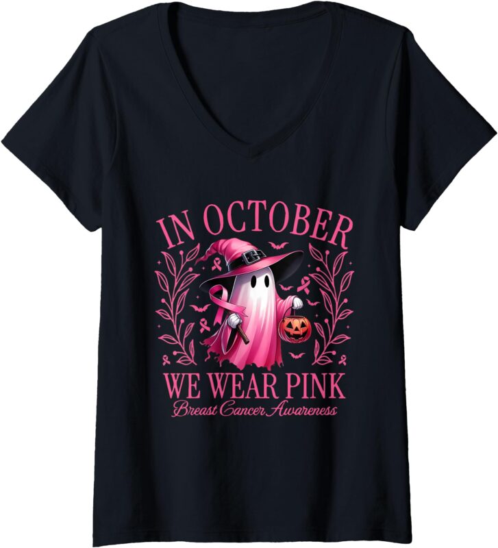 Womens In October We Wear Pink Breast Cancer Awareness Halloween V-Neck T-Shirt