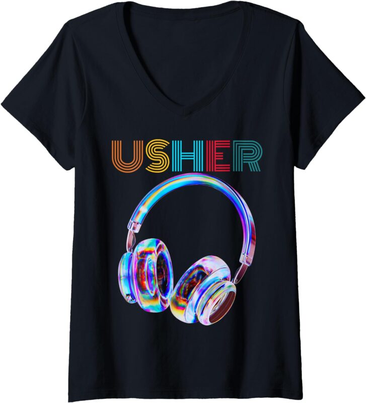 Womens USHER Hiphop Fan Music Headphone Vintage Design V-Neck T-Shirt