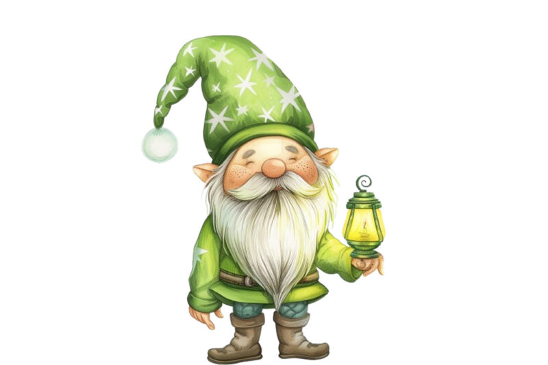 baby lime green gnome holding light