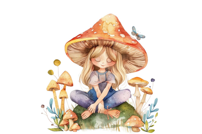 cartoon little mashroom fairy watercolor