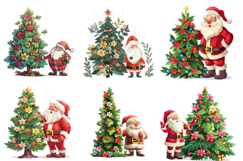 cartoon santa standing beside green tree