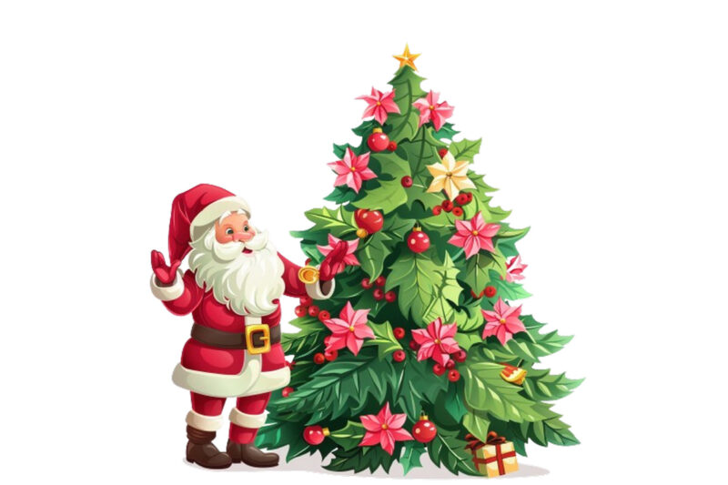 cartoon santa standing beside green tree