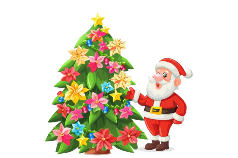 cartoon santa standing beside green tree