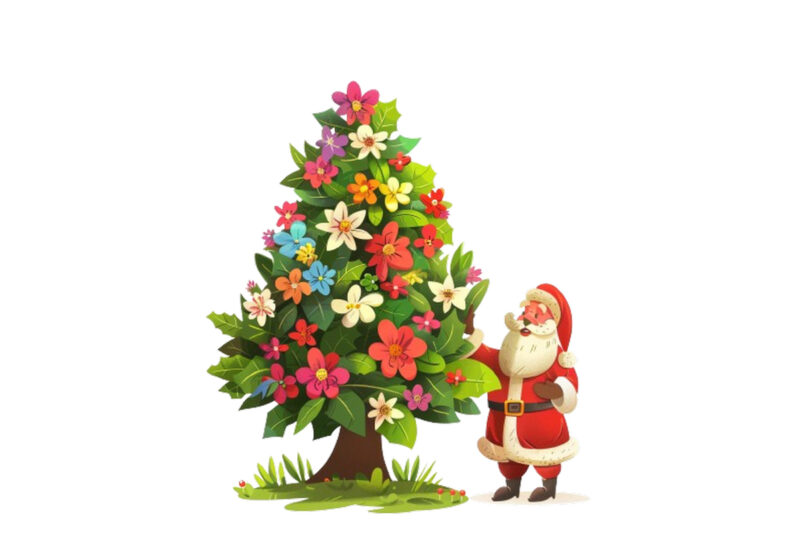 cartoon santa standing beside green tree