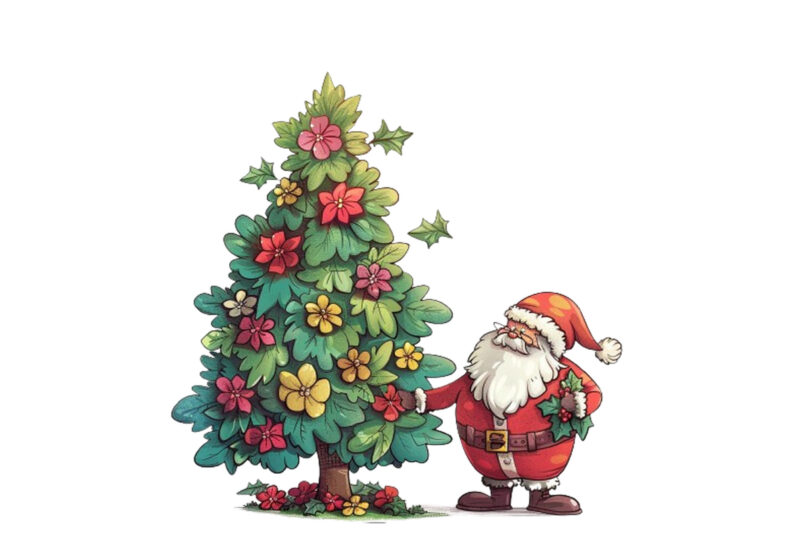 cartoon santa standing beside green tree