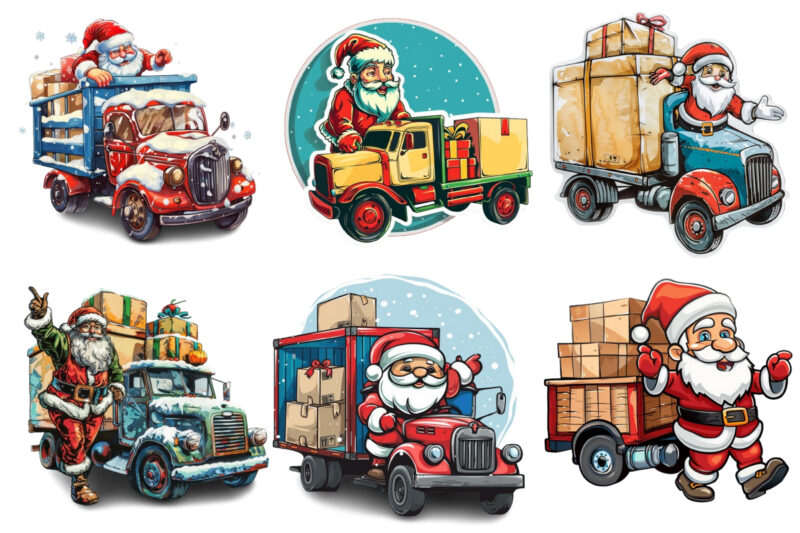 colourful cartoon santa with truck and box
