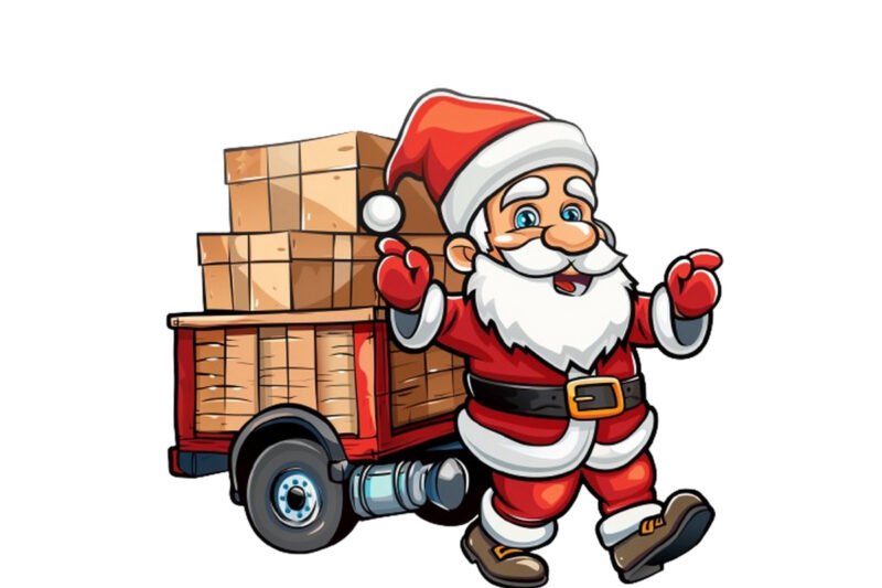 colourful cartoon santa with truck and box