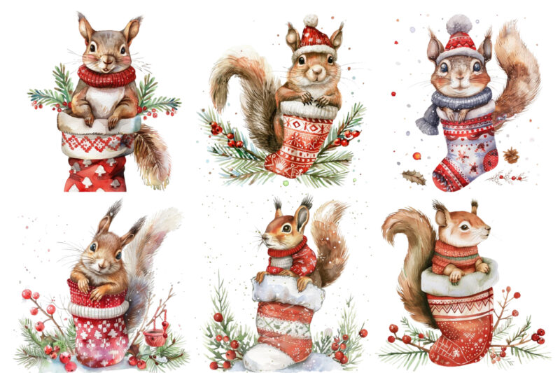 Watercolor Christmas Squirrel Clipart