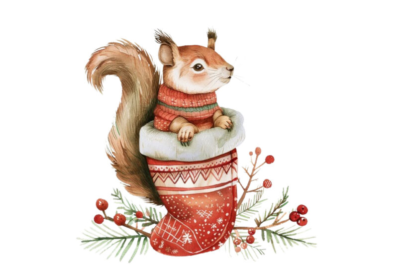 Watercolor Christmas Squirrel Clipart