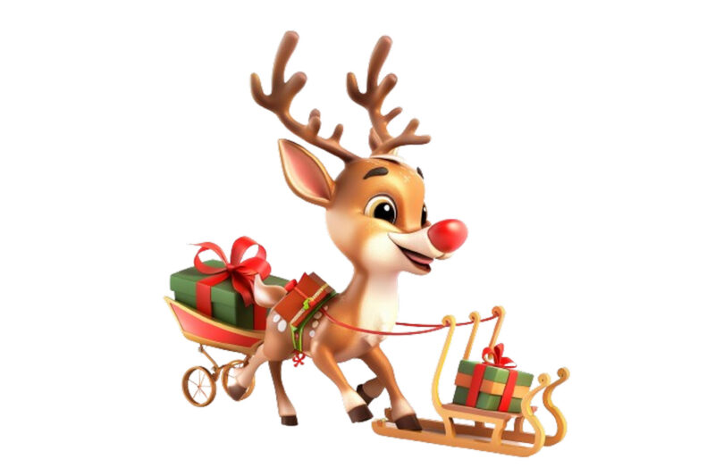 cute cartoon reindeer pulling tiny sleigh