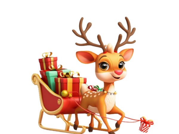 Cute cartoon reindeer pulling tiny sleigh t shirt vector file