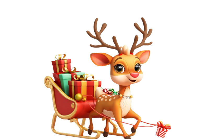 cute cartoon reindeer pulling tiny sleigh
