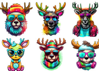 neon funny cartoon christmas reindeer T shirt vector artwork