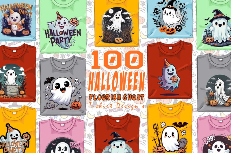 100 Trendy Spooky Halloween Ghost t-shirt design bundle