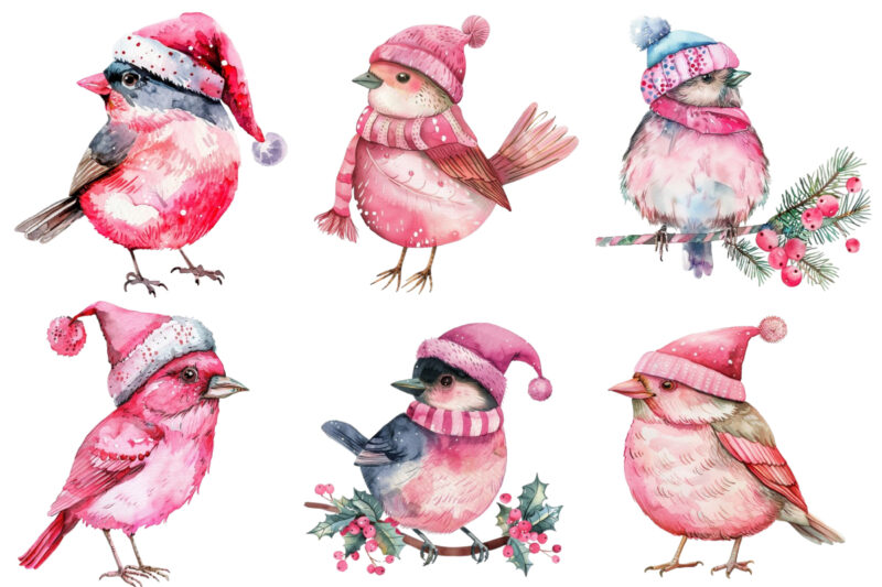 watercolor pink Christmas cartoon bird