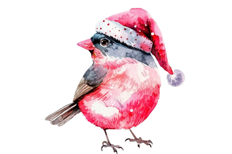 watercolor pink Christmas cartoon bird