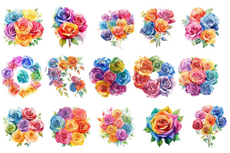 watercolor rainbow spirin roses clipart