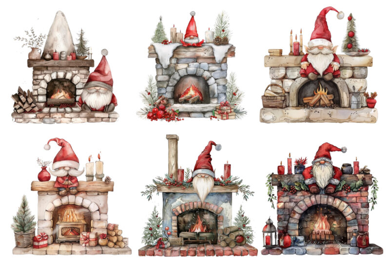 watercolor red fireplace with gnome