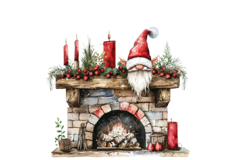 watercolor red fireplace with gnome