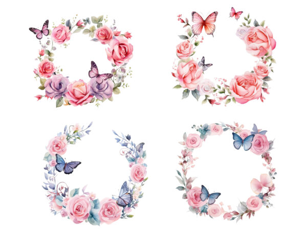 Watercolor rose floral circle border butterfly clipart t shirt design for sale