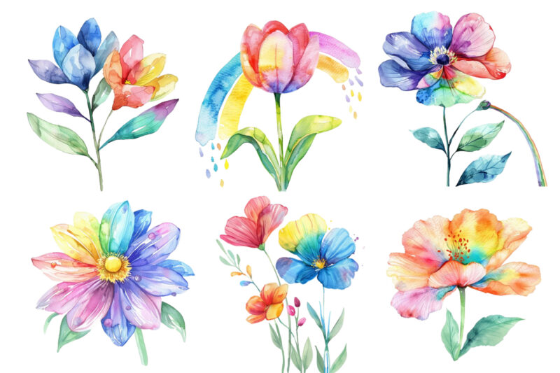 watercolor spring flower with rainbow clipart