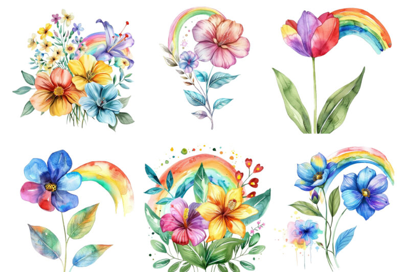 watercolor spring flower with rainbow clipart