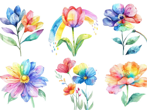Watercolor spring flower with rainbow clipart t shirt design for sale