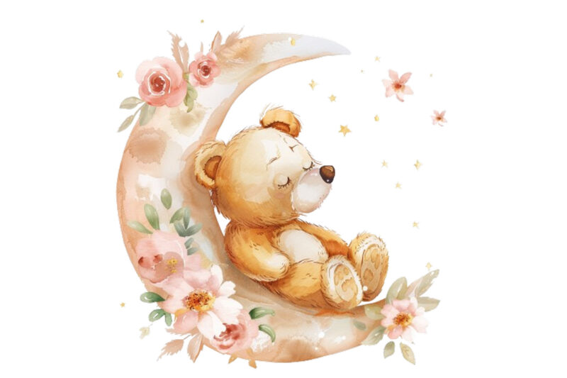 watercolor teddy in moon with flower clipart
