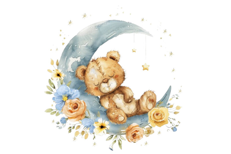 watercolor teddy in moon with flower clipart