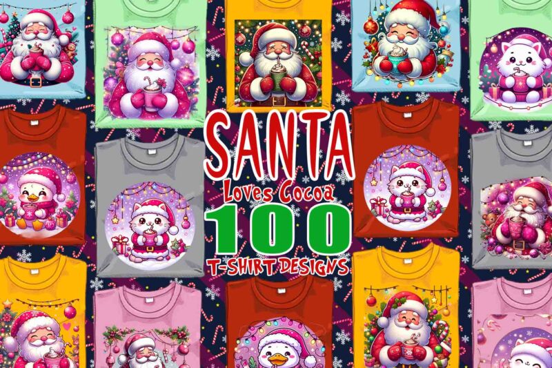 Santa Claus Drinking Cocoa t-shirt design bundle of 100 png & jpeg designs – download instantly Retro Vintage T-shirt Design Mega Bundle