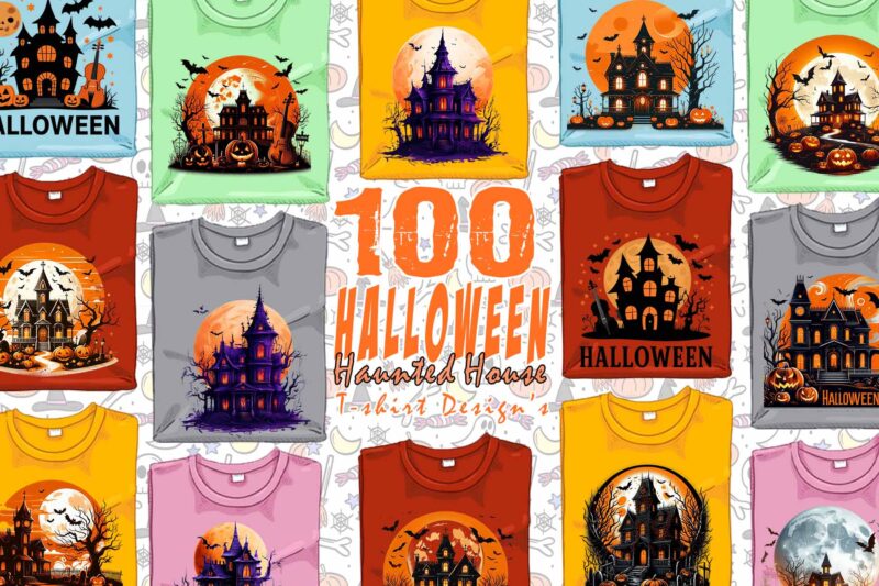 100 Halloween Haunted House t-shirt design bundle of 100 designs – download instantly Retro Vintage T-shirt Illustration Clipart Bundle