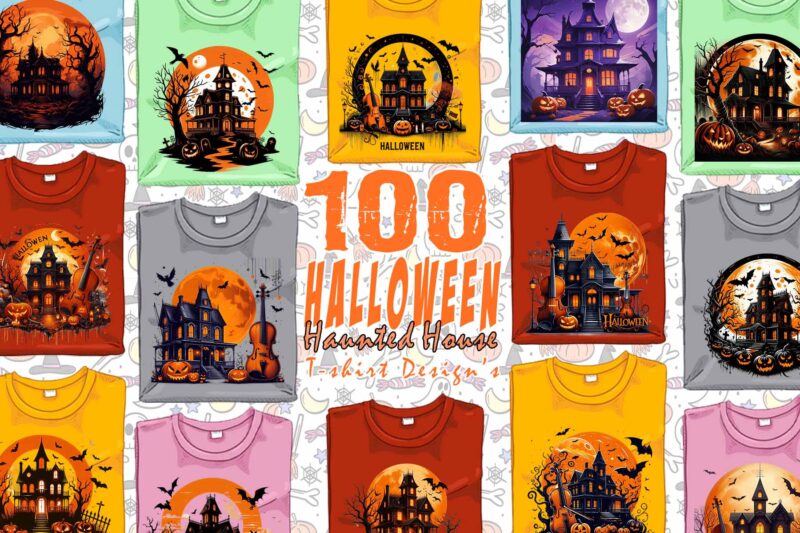 100 Retro Halloween Haunted House t-shirt design bundle of 100 designs – download instantly Retro Vintage T-shirt Illustration Mega Bundle
