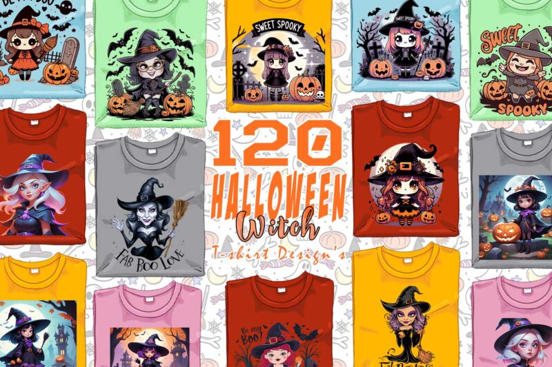 120 Colourful Halloween Cartoon Witch Party t-shirt design bundle