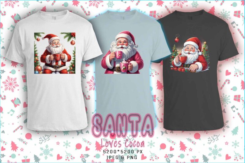 Trendy Cocoa Lover Santa Christmas t-shirt design bundle of 100 png & jpeg designs Mega Bundle