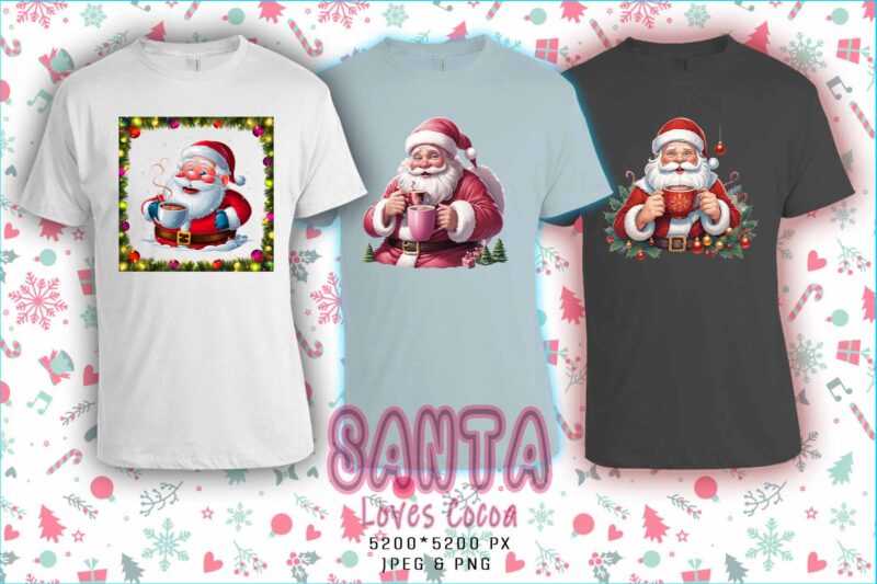 Trendy Cocoa Lover Santa Christmas t-shirt design bundle of 100 png & jpeg designs Mega Bundle