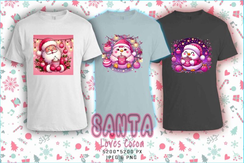 Colourful Santa Claus Cocoa Party t-shirt design bundle of 20 designs – download instantly Retro Vintage T-shirt Illustration Clipart Bundle