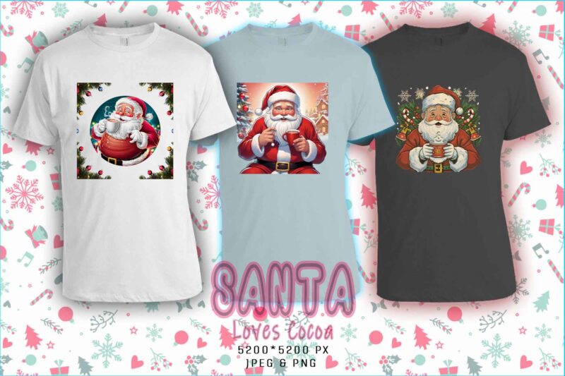 Trendy Cocoa Lover Santa Christmas t-shirt design bundle of 100 png & jpeg designs Mega Bundle